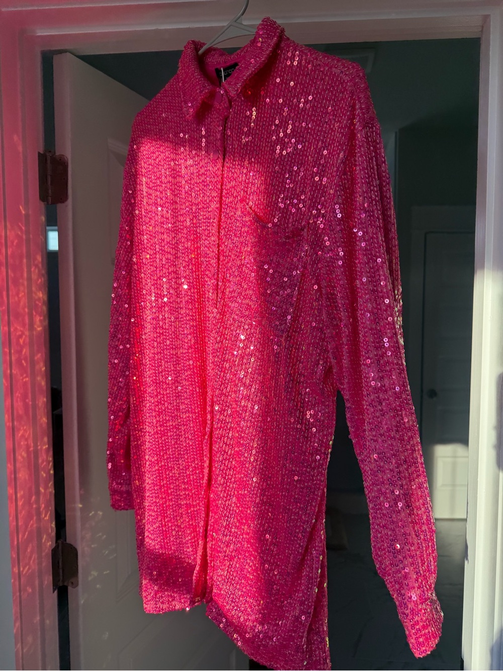 Bohoo Hot Pink Sequin Shirt Dress